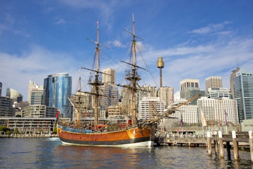Sydney, Australia - May 20, 2010: A replica of James Cook's HMS Endeavour, moored alongside the Australian National Maritime Museum in Darling Harbour, Sydney, is one of the world's most accurate maritime reproductions.
