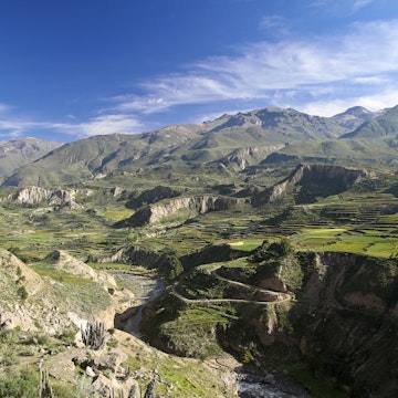 Terraced pastures and mountains in Colca Canyon.