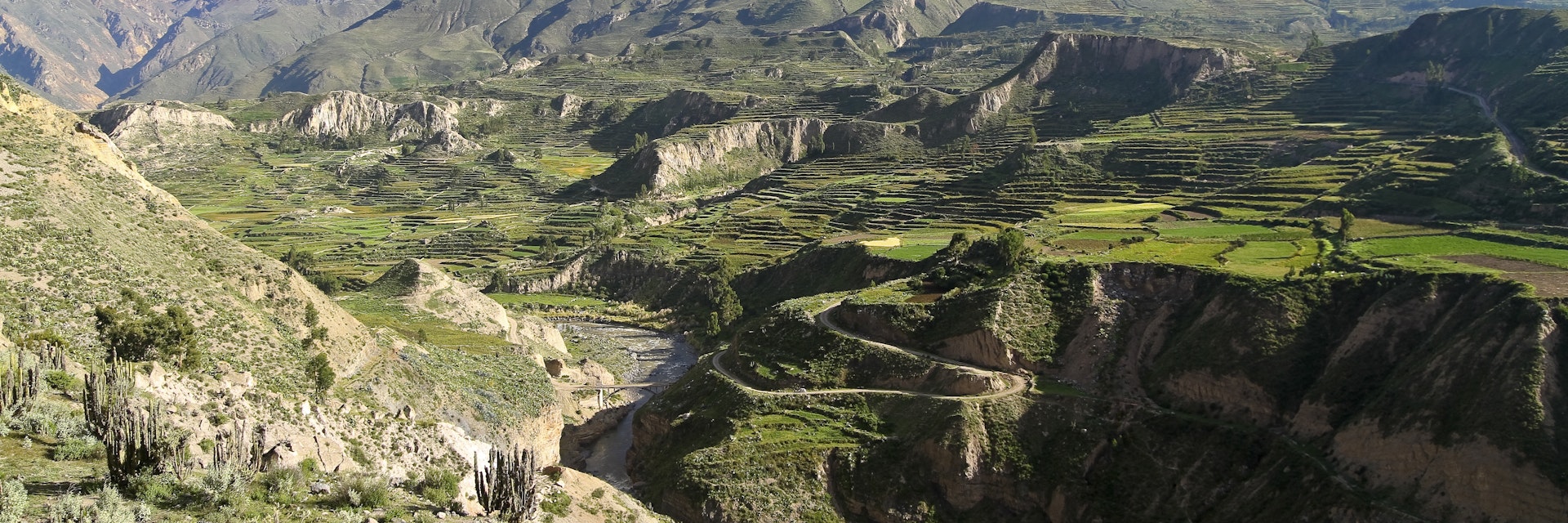 Terraced pastures and mountains in Colca Canyon.