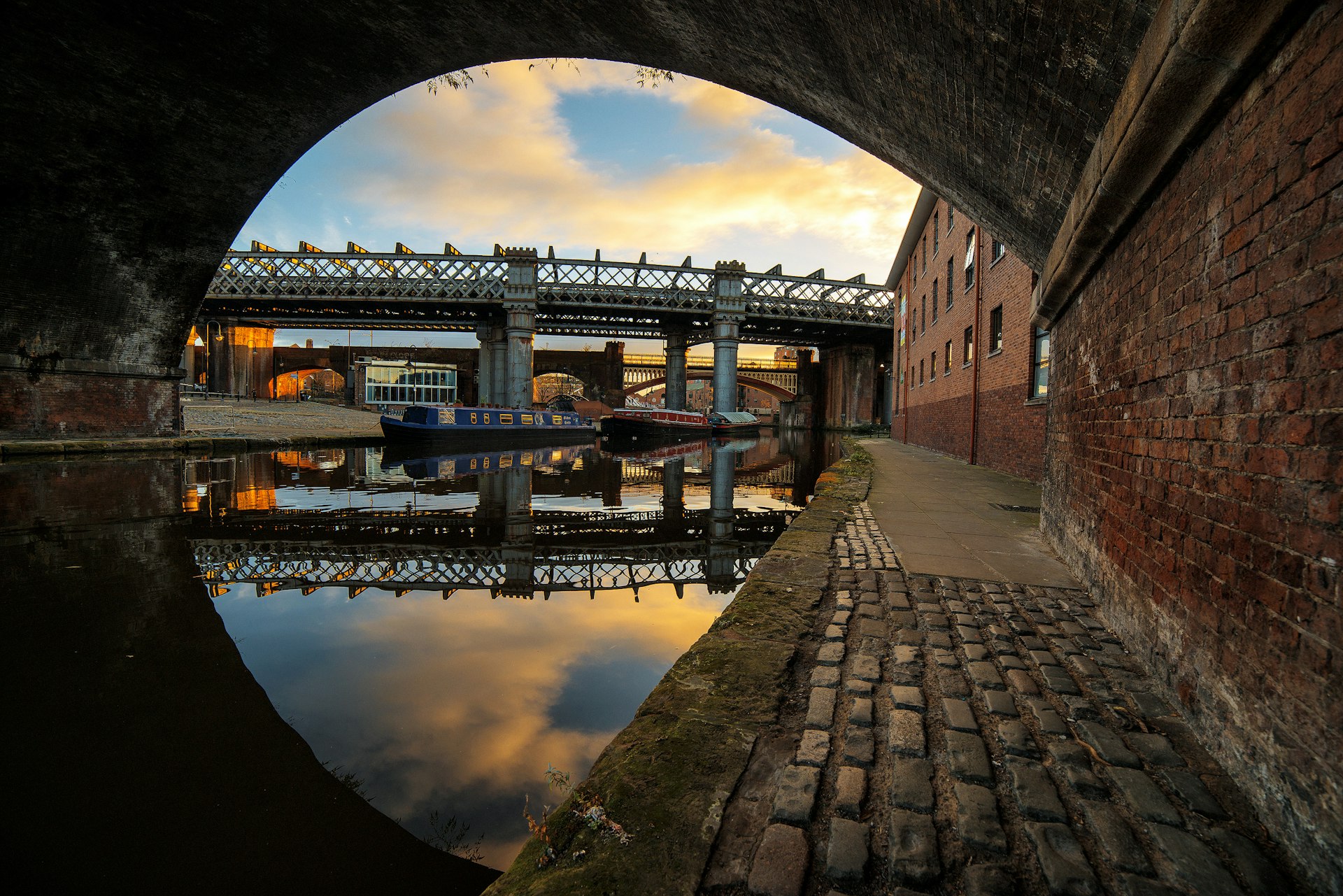 View of a bridge along the canal in Manchester UK 