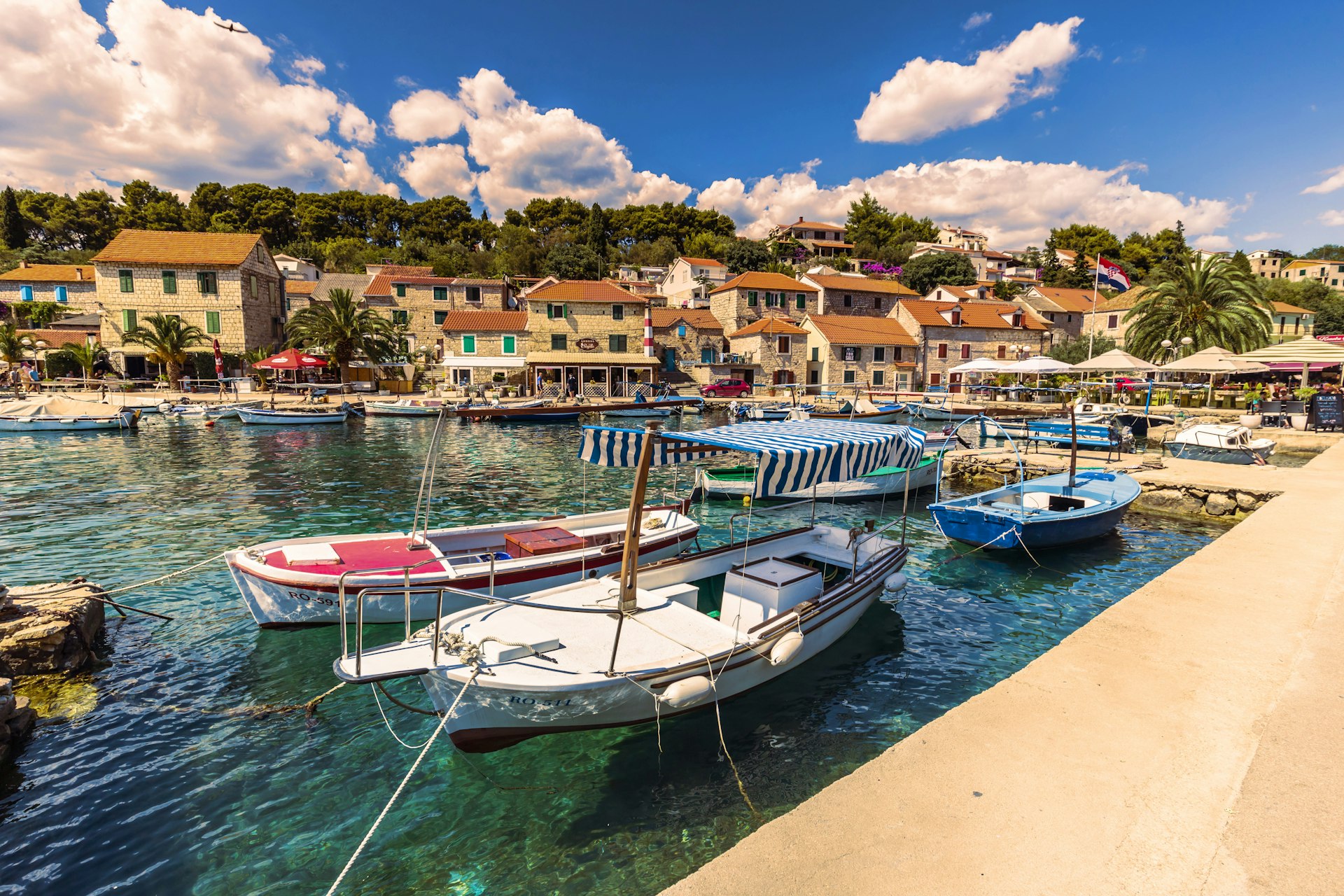 Boats in the harbor in the village of Maslinica, Croatia