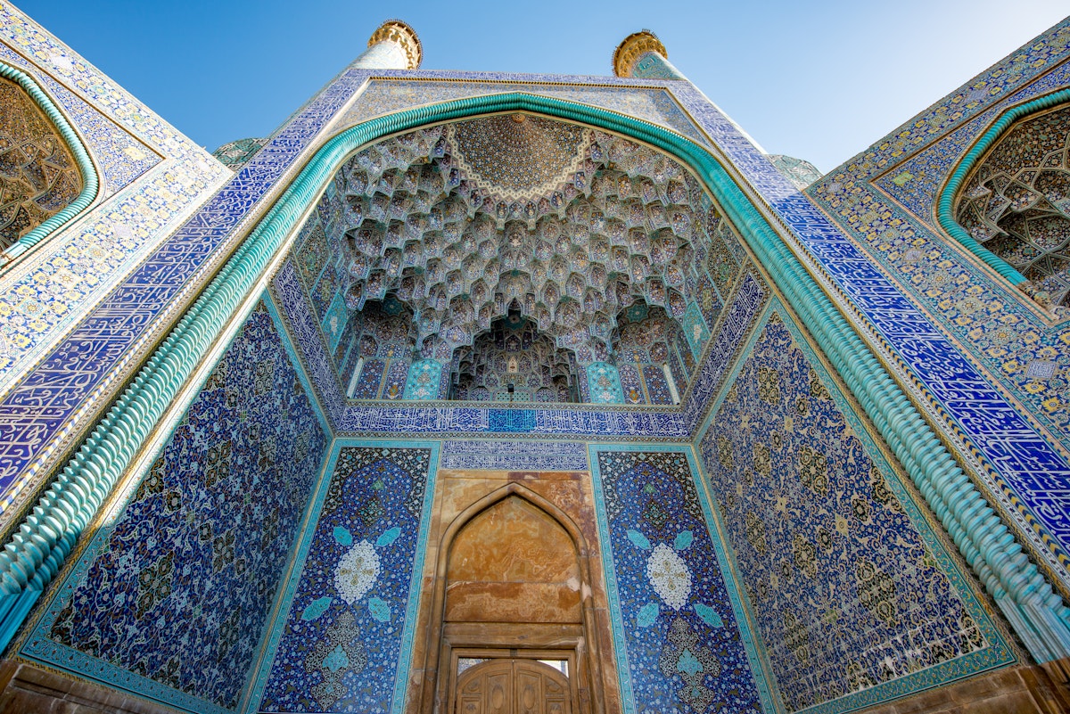 Facade of Imam Mosque, aka Masjed-e Jadid-e Abbasi, or Shah Mosque, on Naqsh-e Jahan (Imam) Square, Esfahan - Iran. April 21, 2017.
