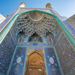 Facade of Imam Mosque, aka Masjed-e Jadid-e Abbasi, or Shah Mosque, on Naqsh-e Jahan (Imam) Square, Esfahan - Iran. April 21, 2017.