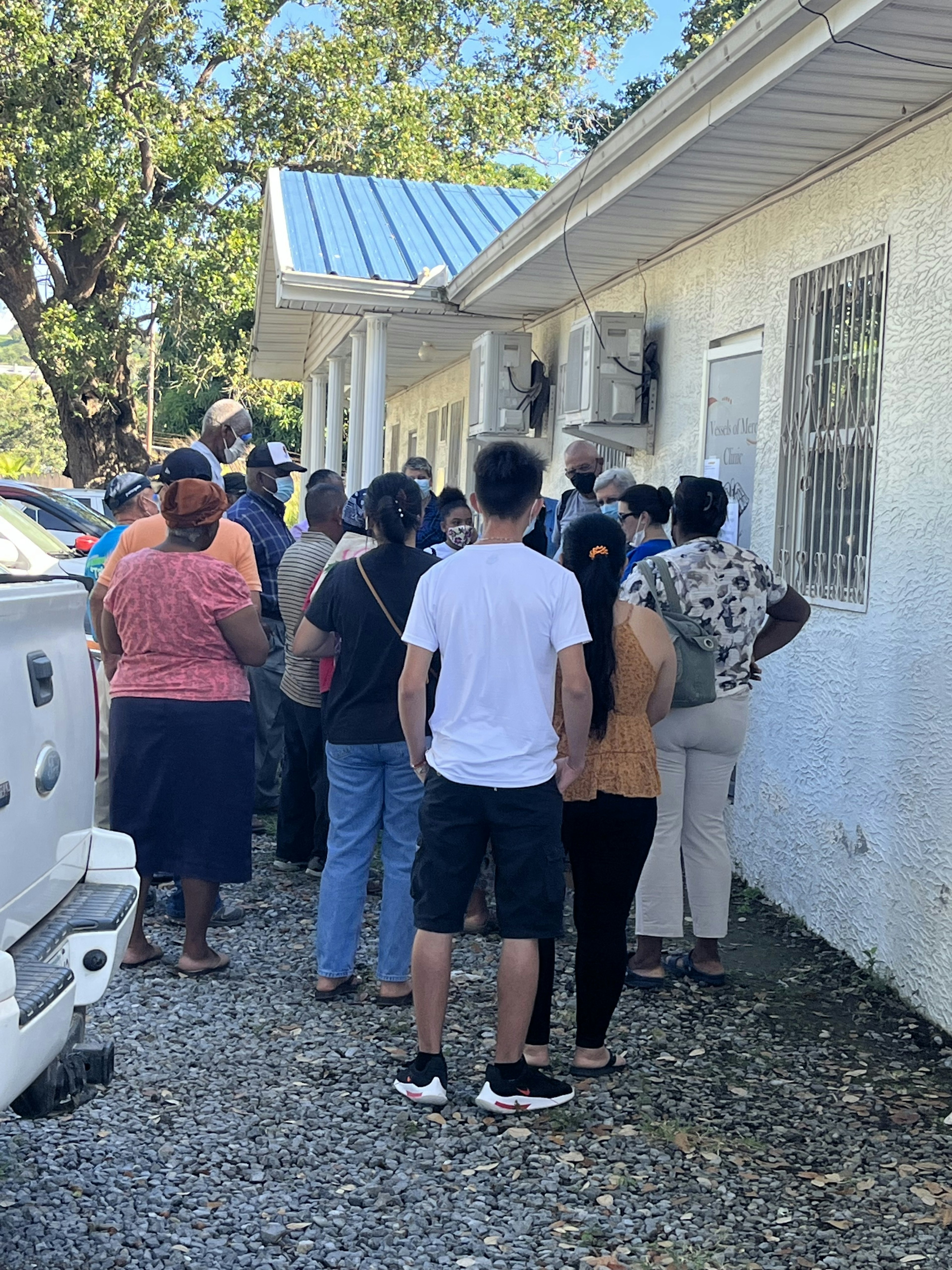 The line forms for medical care at the Roatan clinic