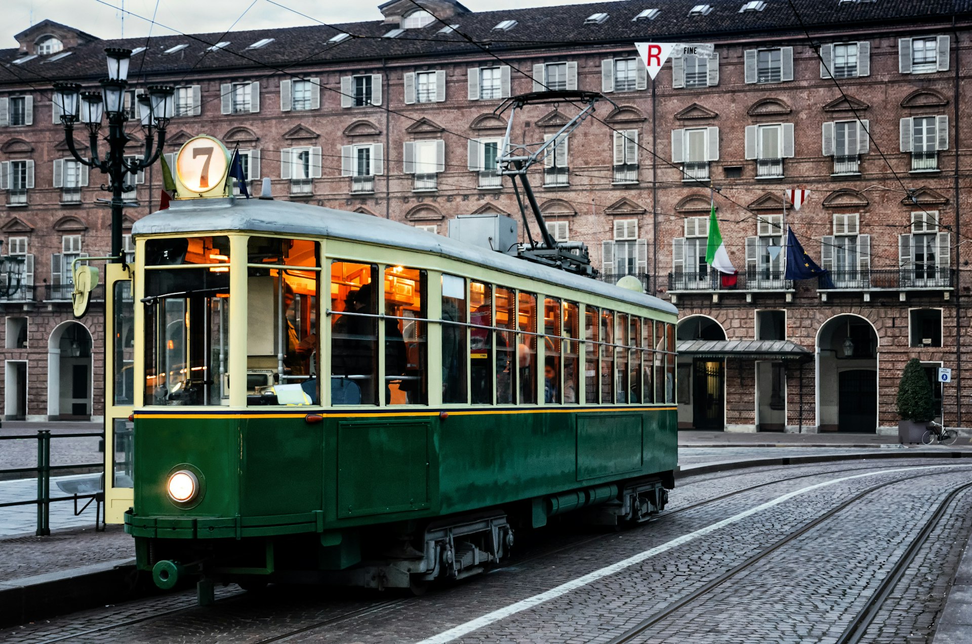 An historical tram in Turin (Italy) passing through the city center