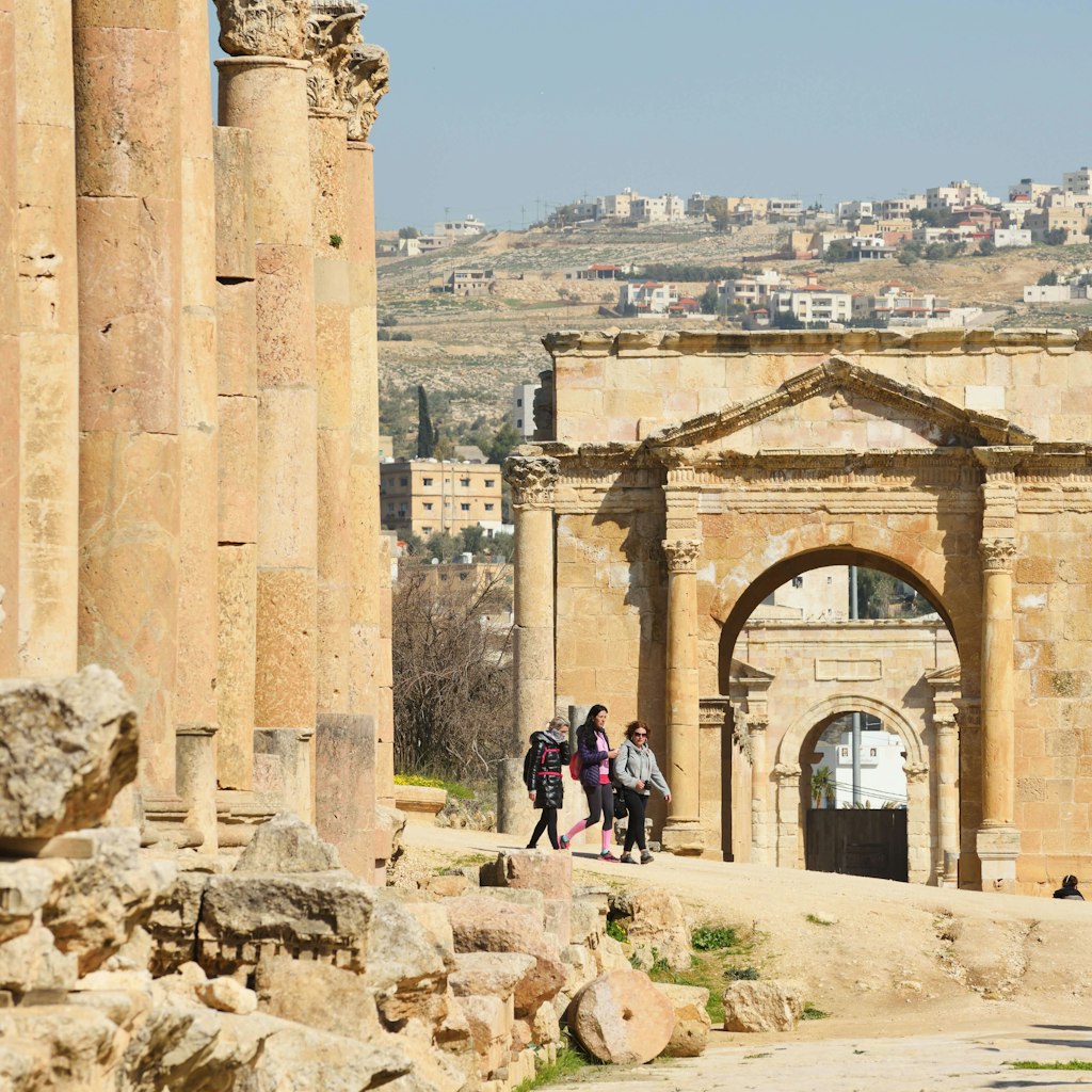 Jerash, Jordan - February 15, 2020. View to the ruins and residential area buildings of the city in Jarash, Jordan