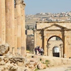 Jerash, Jordan - February 15, 2020. View to the ruins and residential area buildings of the city in Jarash, Jordan