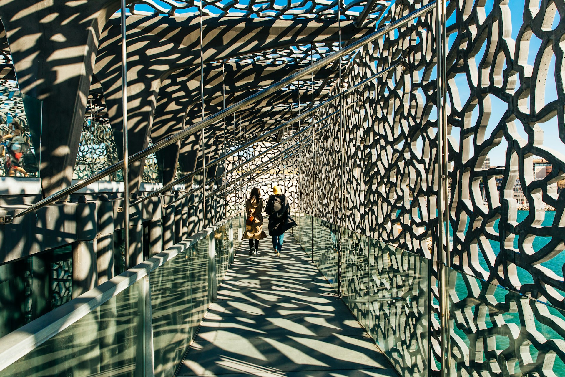 Two visitors on a walkway inside Mucem, a museum that is helping to revive Marseille’s pan-Mediterranean links