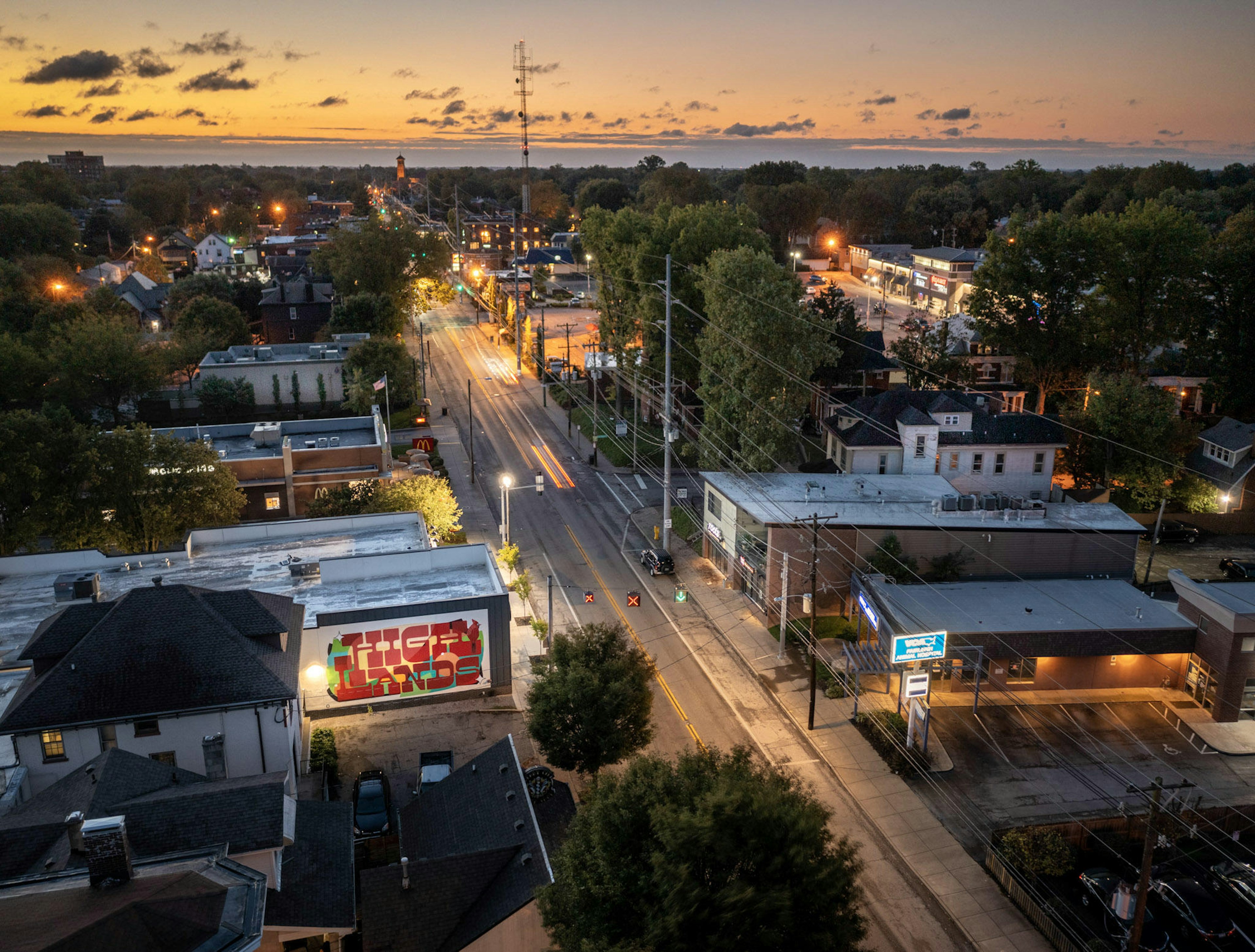 An aerial view of the Highlands neighborhood in Louisville at sunset