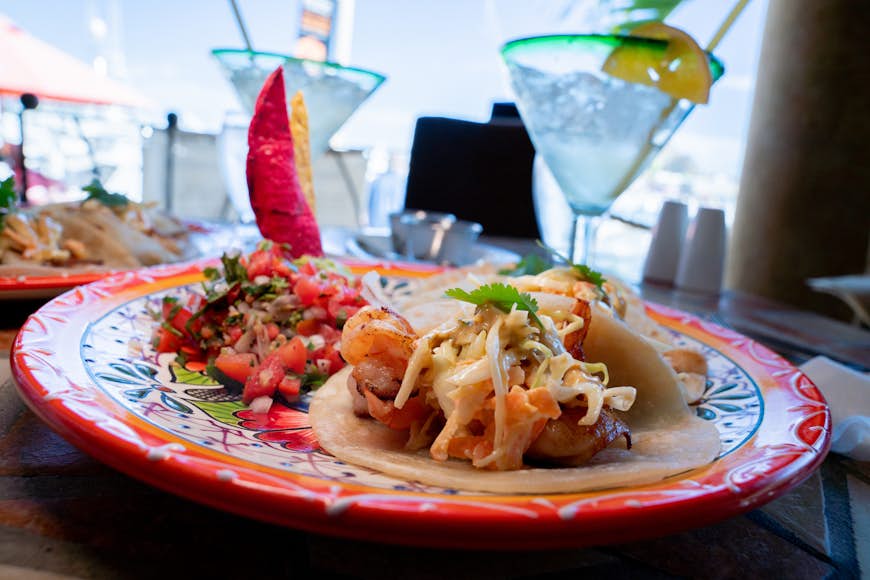 Shrimp and fish street tacos with cilantro, salsa and a margarita on a red-and-white plate