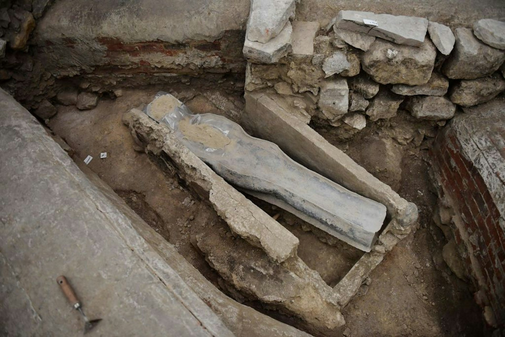 A medieval sarcophagus discovered in the floor of Notre Dame