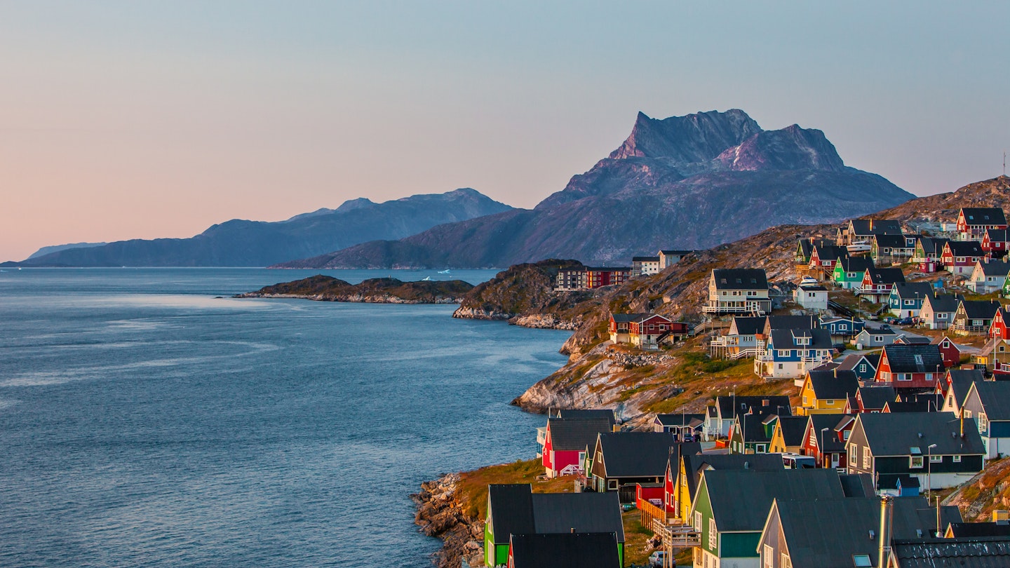 Colorfull houses at sunset in the capital of Greenland, Nuuk.