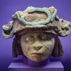 MWKFNK Pre-Hispanic Art Museum Rufino Tamayo, Human head, rare sculpture made of mud without firing with original colour, late classical period of Mixtec, 75