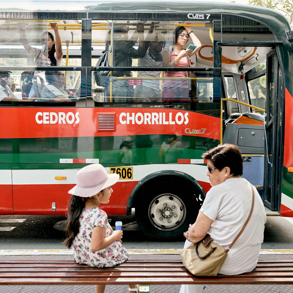 Miraflores, Lima, Peru, Nov, 2019: Life in Peruvian Capital - People Mass Transportation Everyday Routine