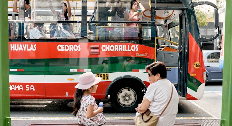 Miraflores, Lima, Peru, Nov, 2019: Life in Peruvian Capital - People Mass Transportation Everyday Routine