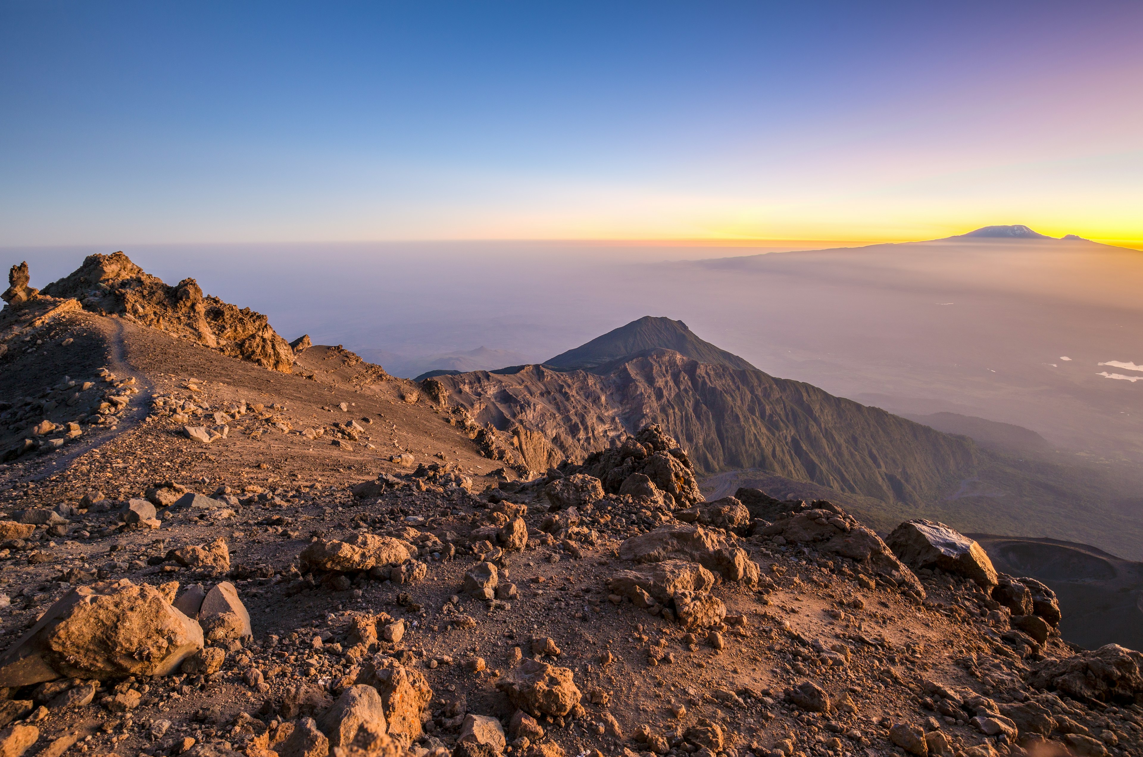 Mount Meru with Kilimanjaro in the distance, near Arusha in Tanzania