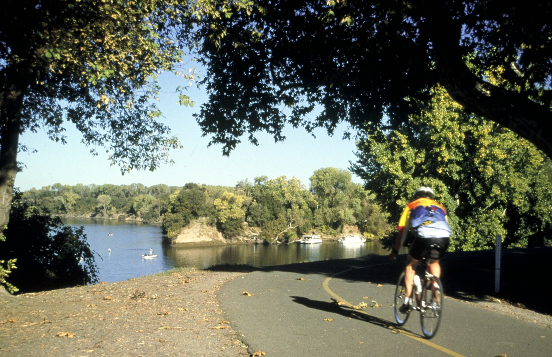 A cyclist on the tree-lined American River Bike Trail in Sacramento