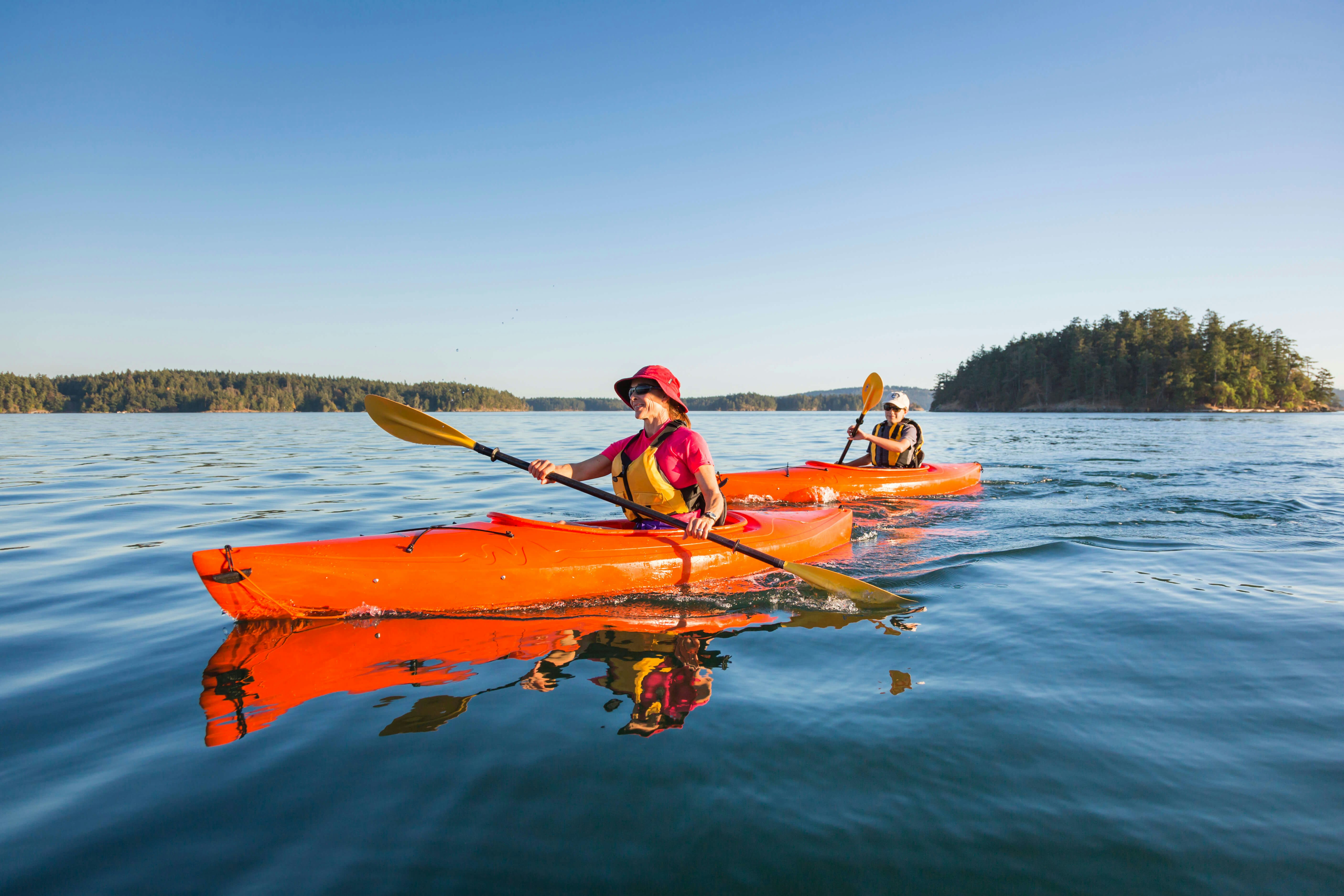 Two people kayaking in Deer Harbor, Orcas Island, Washington 