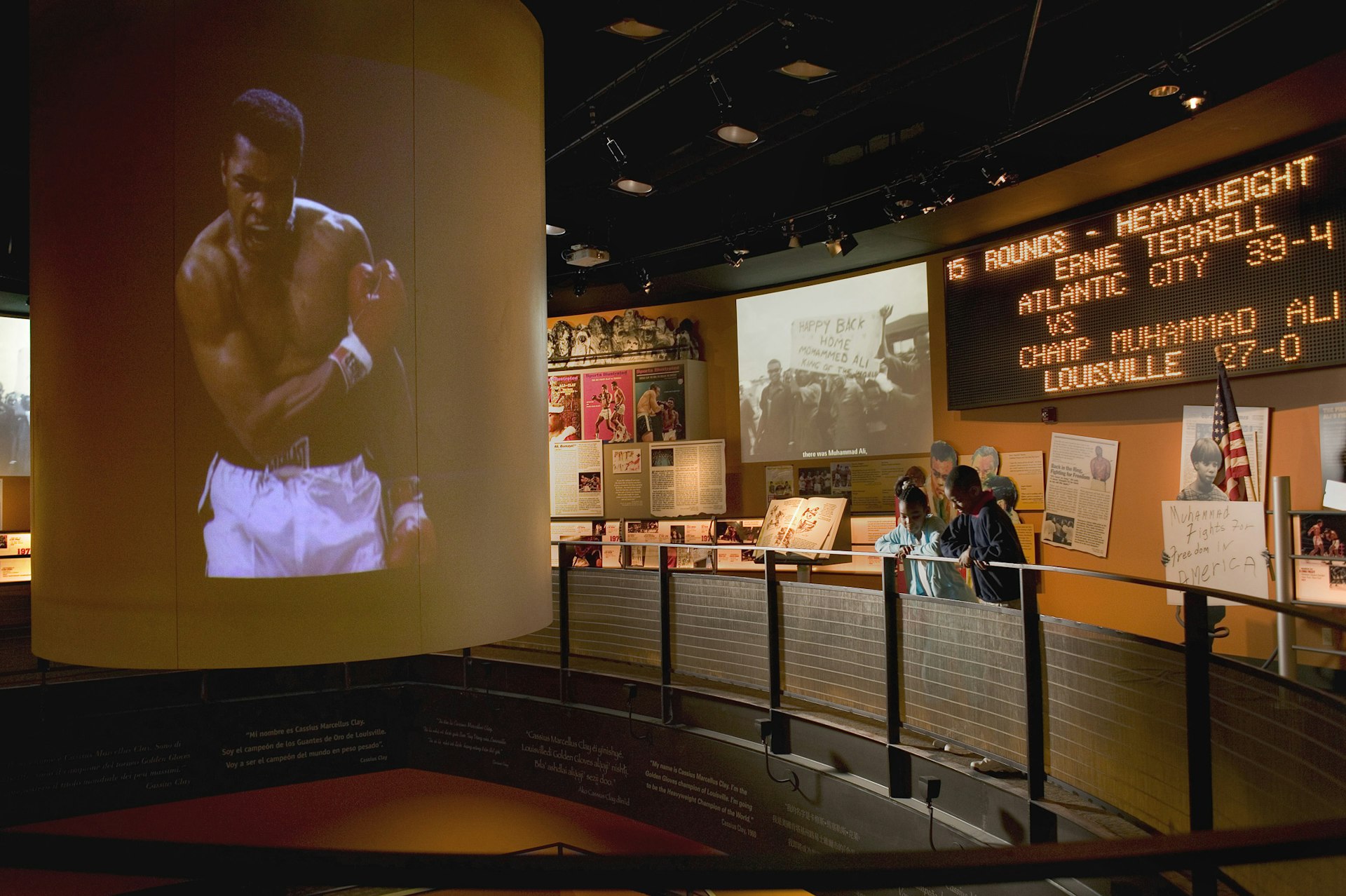 A projection of Muhammad Ali on the wall at the Muhammad Ali Center in Louisville