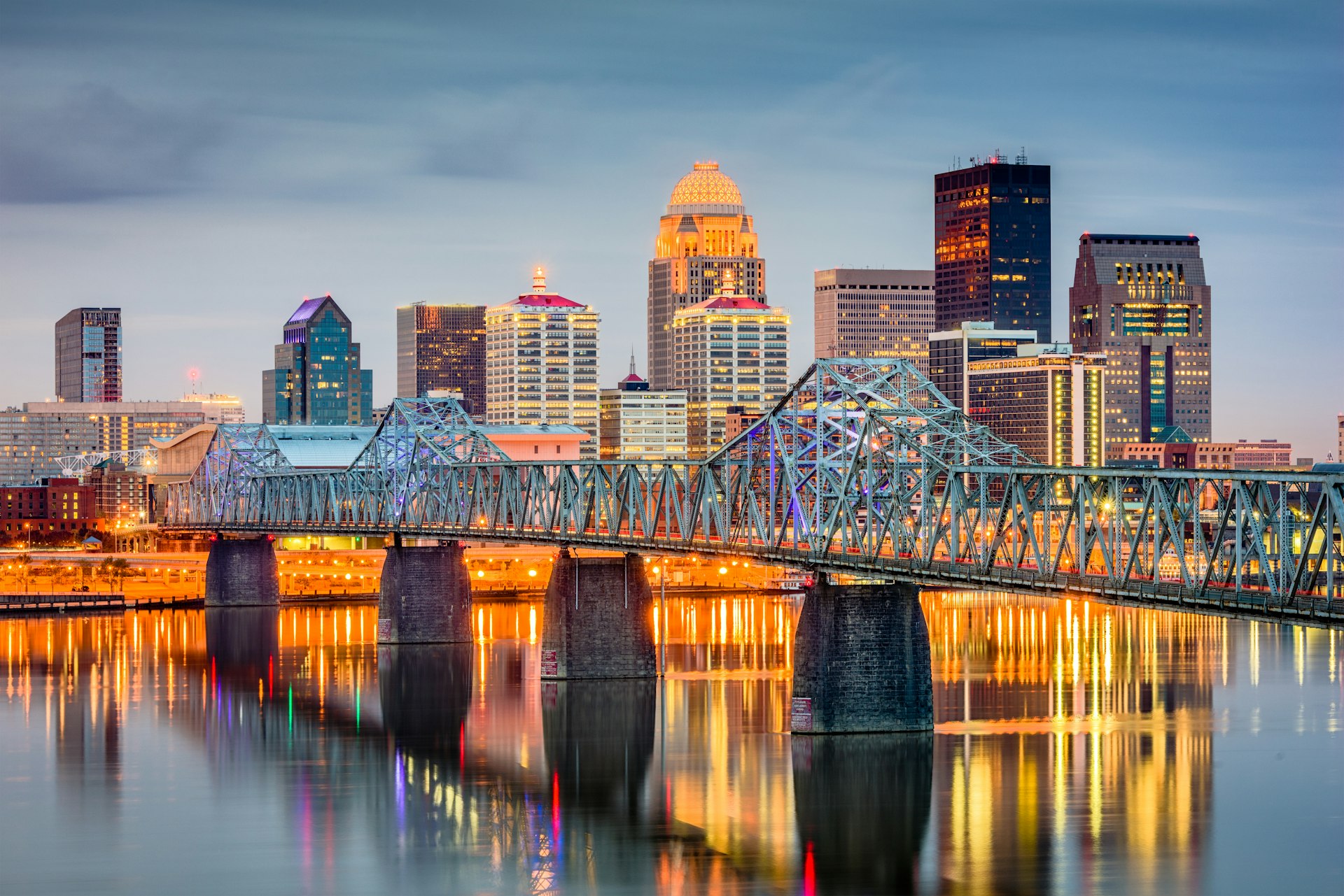 The skyline of Louisville, Kentucky, with the George Rogers Clark Memorial Bridge
