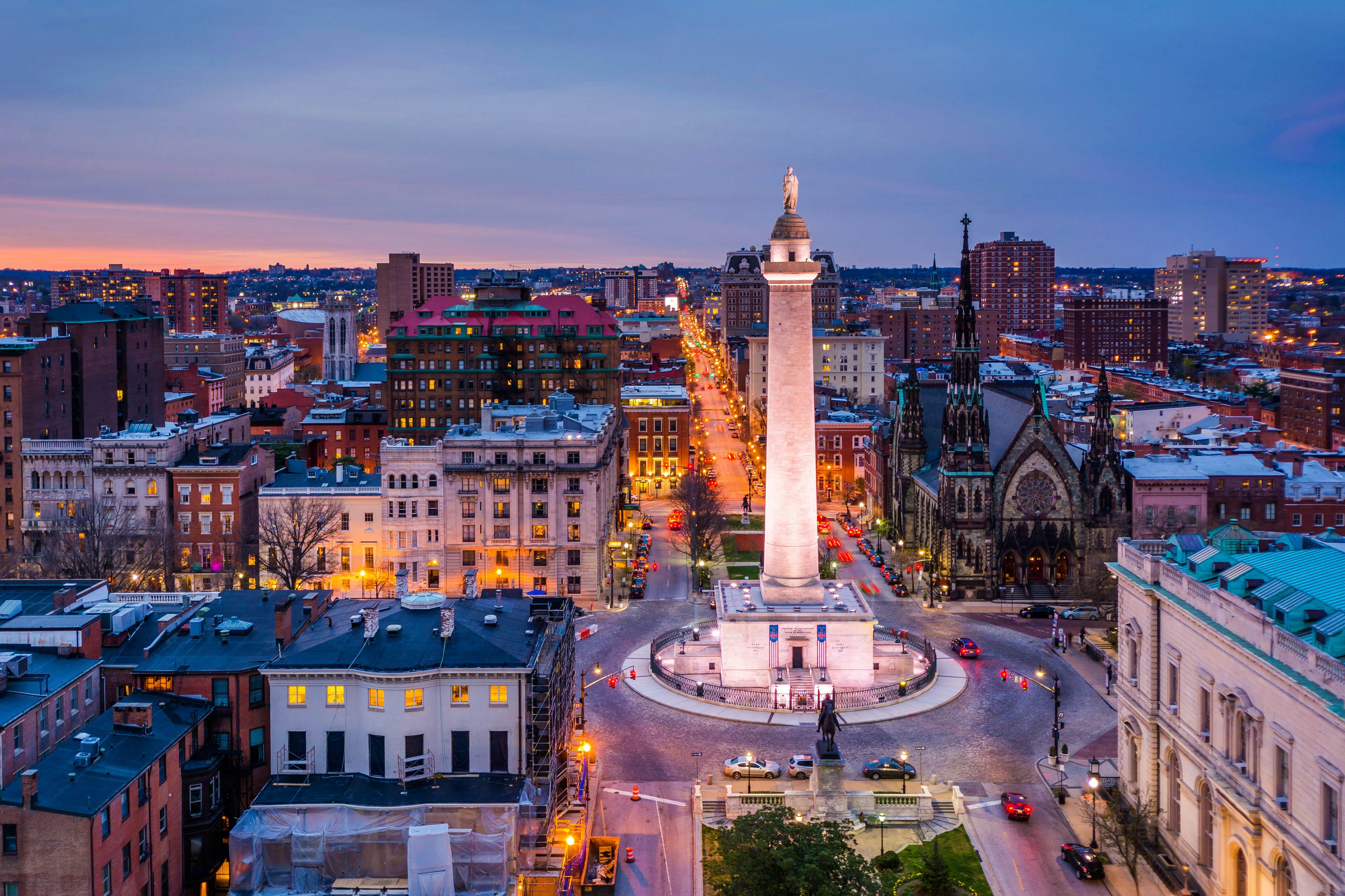 View of the Washington Monument at night, in Mount Vernon, Baltimore, Maryland.; Shutterstock ID 618663329; your: Bridget Brown; gl: 65050; netsuite: Online Editorial; full: POI Image Update