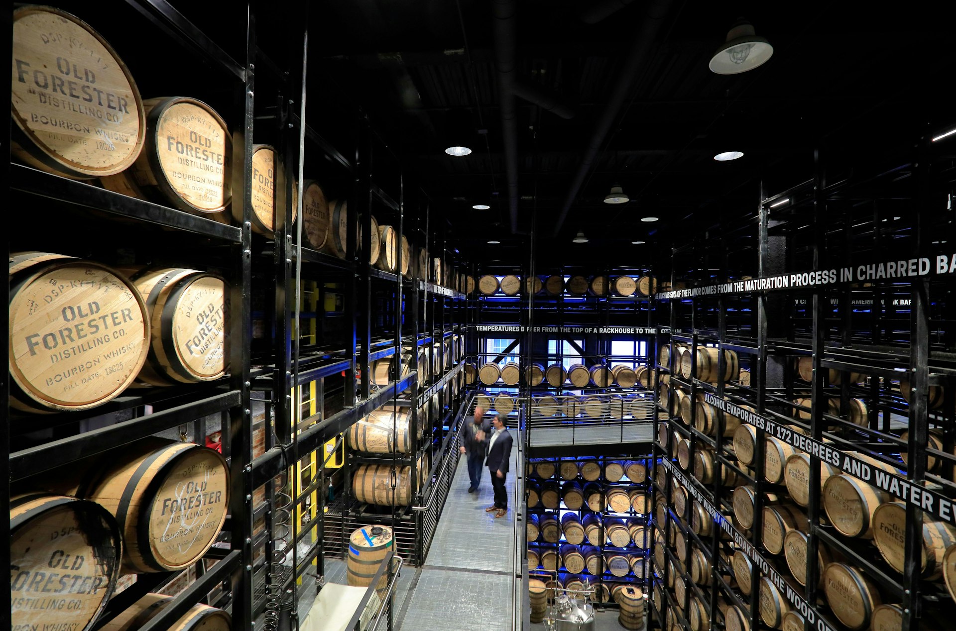 Bourbon barrels piled up at the Old Forester Distilling Co in Whiskey Row, Louisville