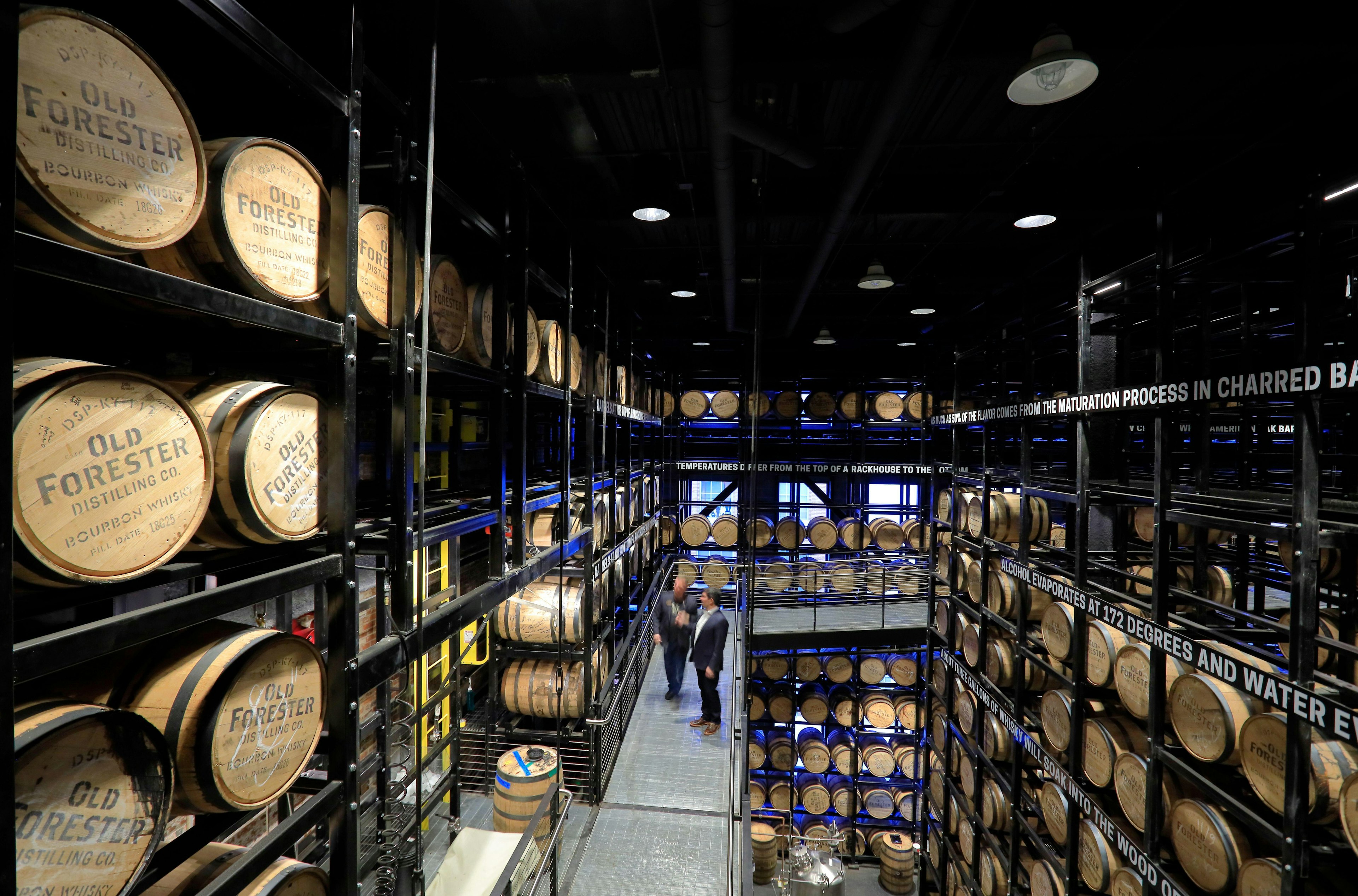 Bourbon barrels piled up at the Old Forester Distilling Co in iBestTravel Row, Louisville