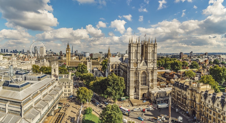 A high level view overlooking Westminster Abbey. Major sights included in this view are Westminster Abbey, Big Ben and Houses of Parliament, Shard, Canary Wharf and the Supreme Court.