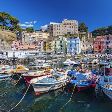 Small fishing boats at harbor Marina Grande in Sorrento, Campania, Amalfi Coast, Italy.