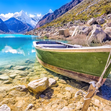 Beautiful Natural Scenery in Lake Paron with a beautiful turquoise blue water color, Cordillera Blanca, Peruvian Mountains, South America