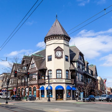 Brookline, Massachusetts, USA - April 2, 2021: View of the S. S. Pierce Building in Brookline's Coolidge Corner. Constructed in 1898 at the intersection of Harvard and Beacon Street.