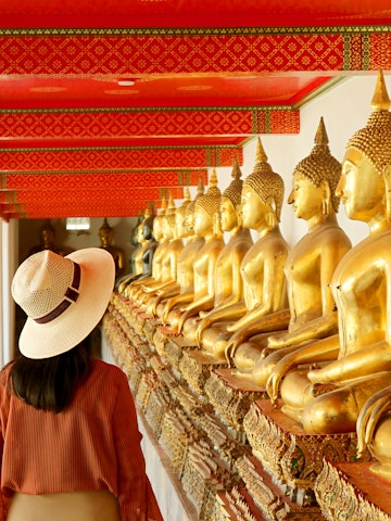Female Visiting the Cloister with Large Group of Seated Buddha Images in Wat Pho or Temple of the Reclining Buddha, Bangkok Old City, Thailand, ( Self Portrait )