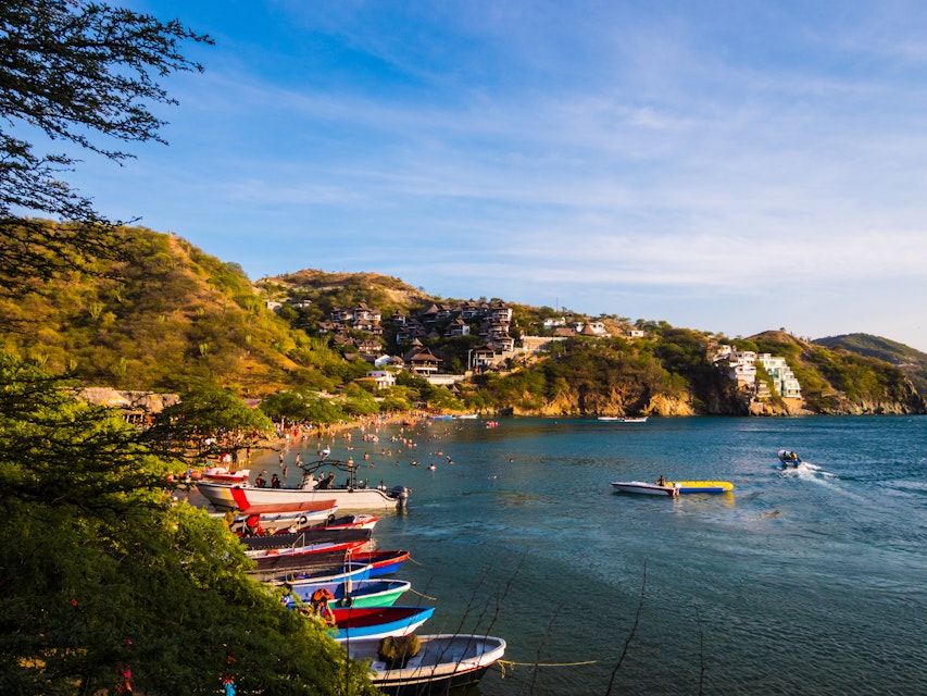 People riding boats in Taganga, Colombia