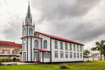 Stock photo of a historic wooden church in Georgetown, the capital of Guyana, South America
