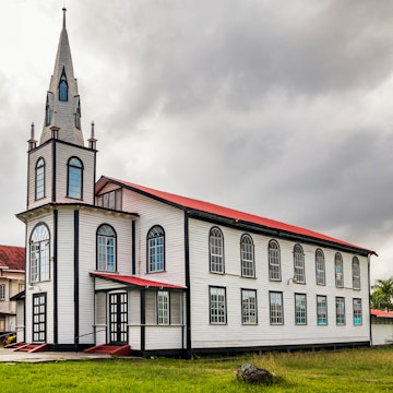 Stock photo of a historic wooden church in Georgetown, the capital of Guyana, South America