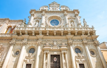 Sculptures on the facade of the Santa Croce Basilica in Lecce.