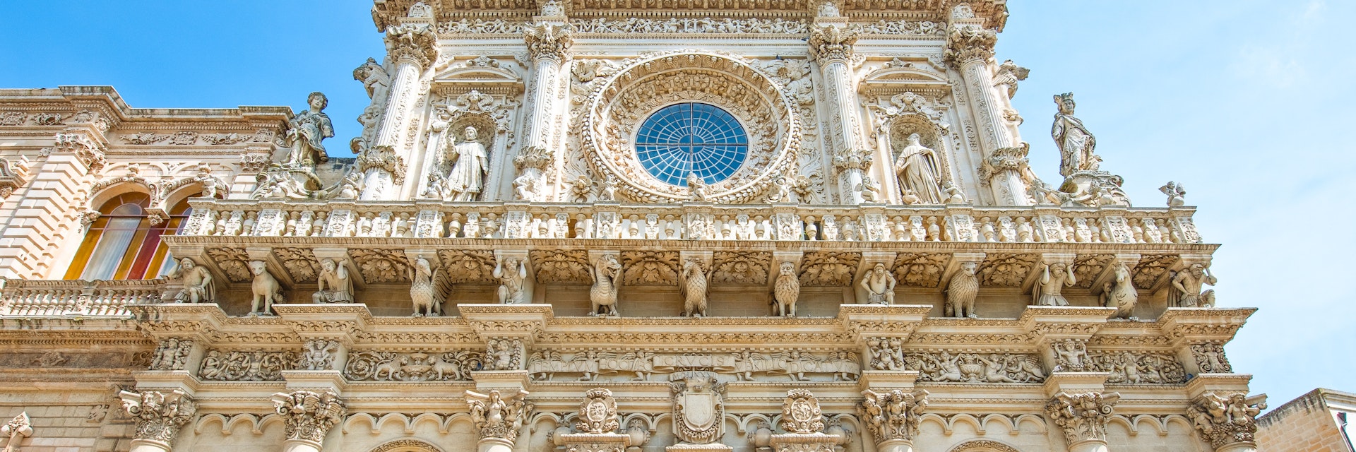 Sculptures on the facade of the Santa Croce Basilica in Lecce.