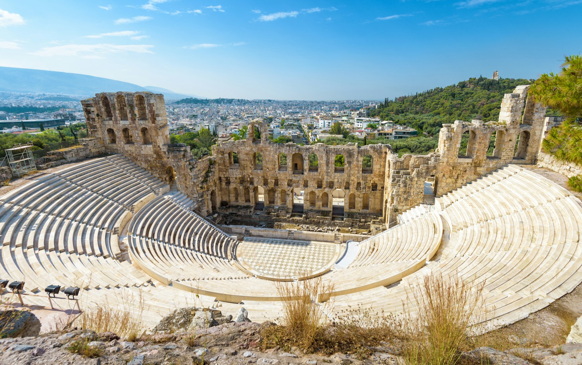 Panoramic view of the Odeon of Herodes Atticus at the Acropolis of Athens, Greece.