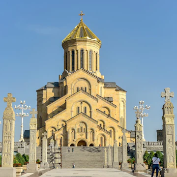 October 18, 2019: Exterior of the Holy Trinity Cathedral of Tbilisi (Sameba) in Old Tbilisi.