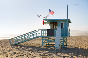 Santa Monica beach lifeguard tower in California USA.