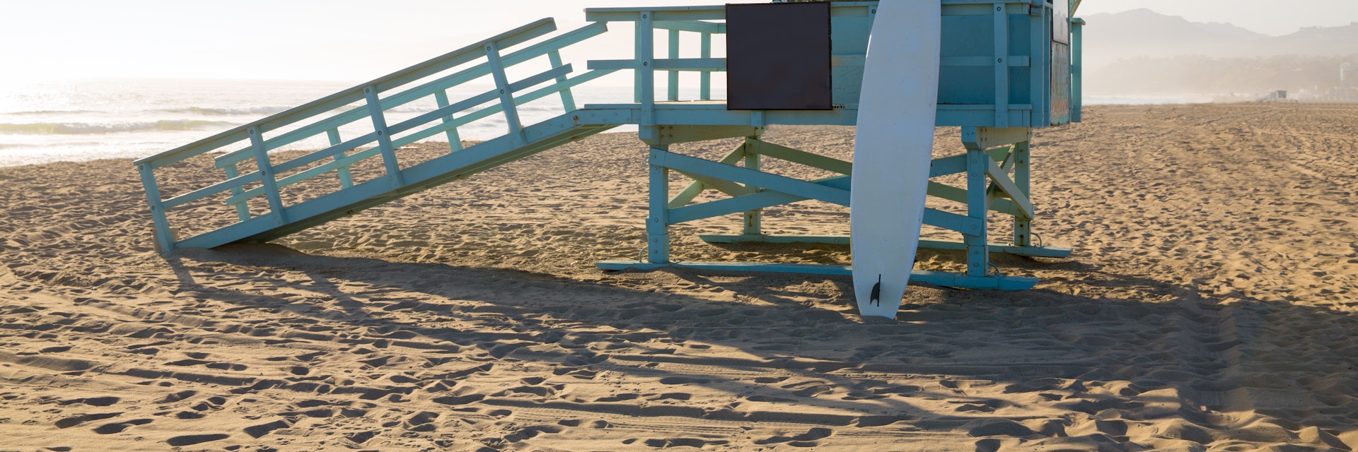 Santa Monica beach lifeguard tower in California USA.