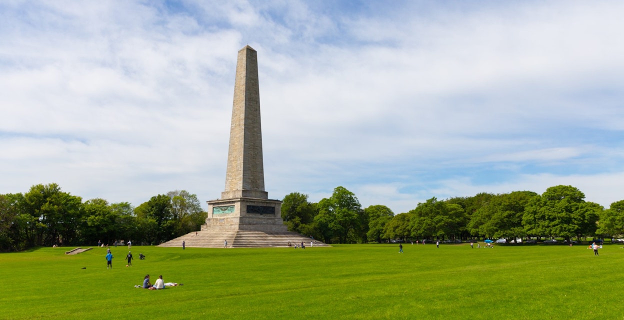 DUBLIN, IRELAND - MAY 17, 2014: The Wellington Monument is an obelisk located in the Phoenix Park. The monument is 62 metres (203 ft) tall and it is the largest obelisk in Europe.