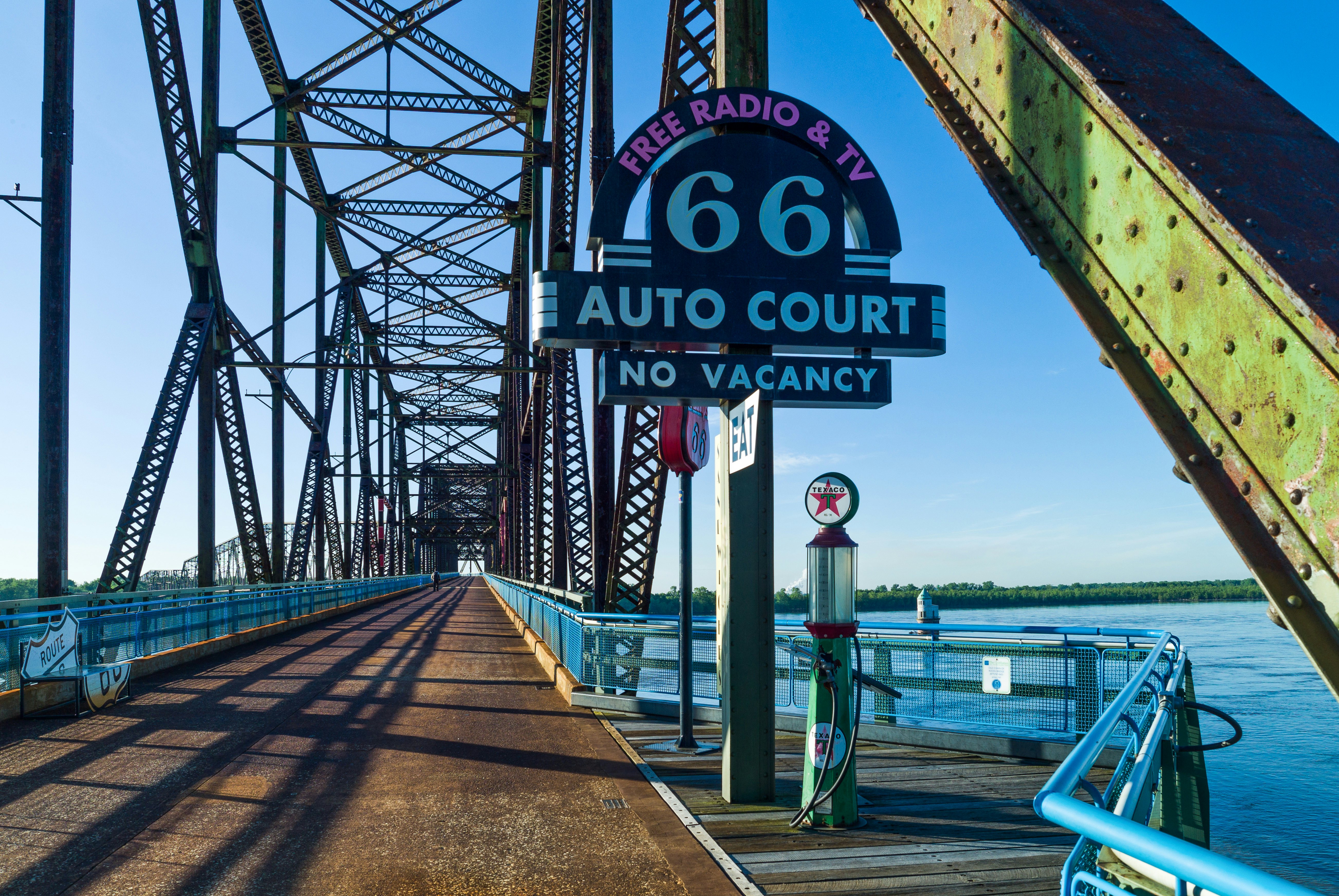 St Louis, U.S.A. - May 18 2011: Route 66, an old firefighters car on the old Chain of Rocks bridge on the Mississippi river