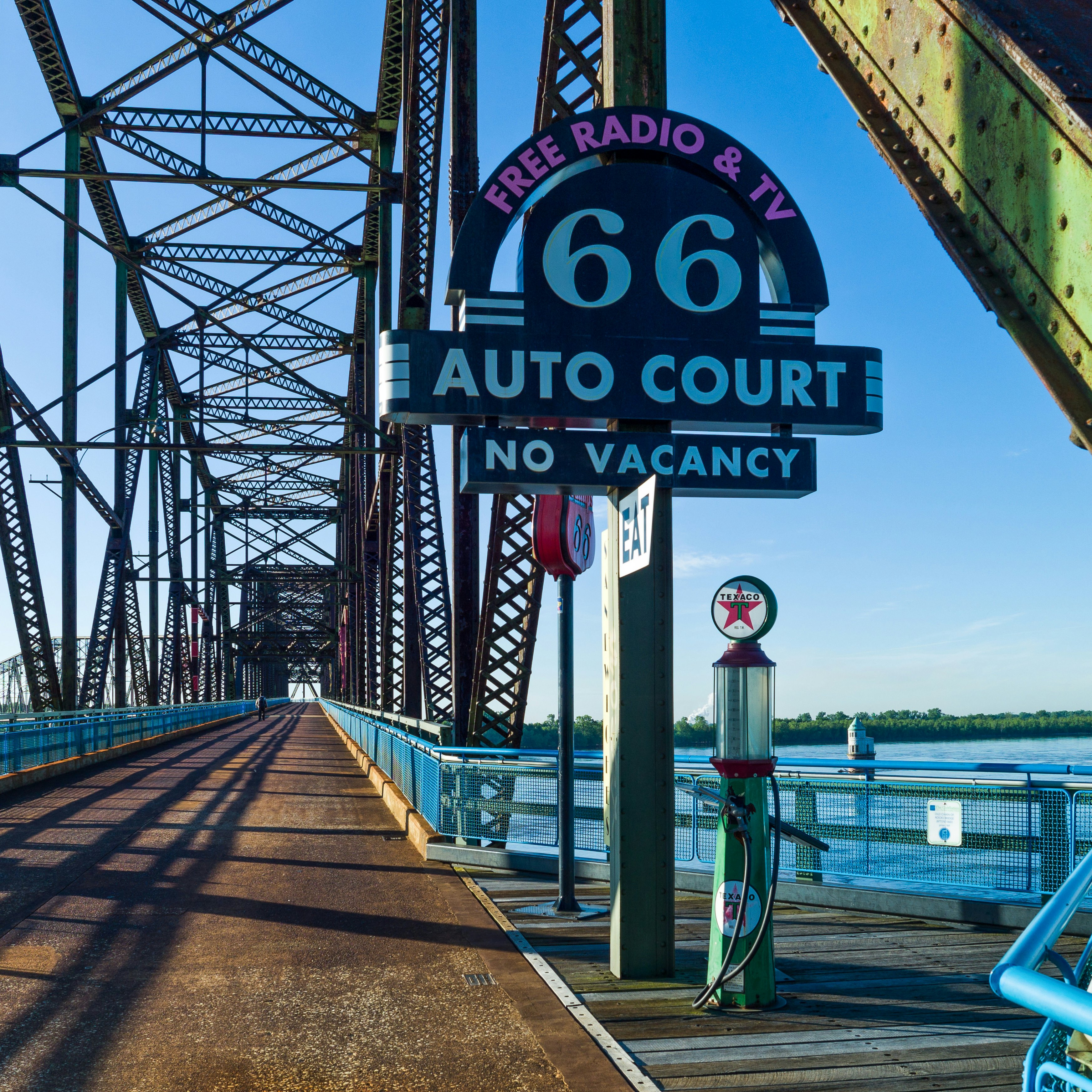 St Louis, U.S.A. - May 18 2011: Route 66, an old firefighters car on the old Chain of Rocks bridge on the Mississippi river