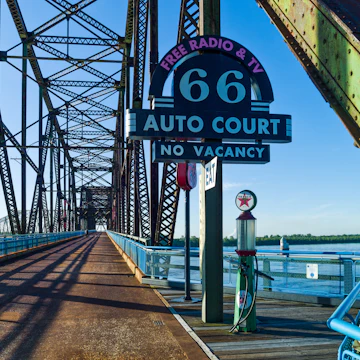 St Louis, U.S.A. - May 18 2011: Route 66, an old firefighters car on the old Chain of Rocks bridge on the Mississippi river