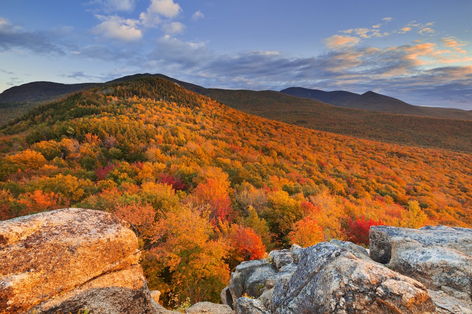 Endless forests with fall foliage in the White Mountain National Forest, New Hampshire, USA. Photographed from North Sugarloaf at sunset.