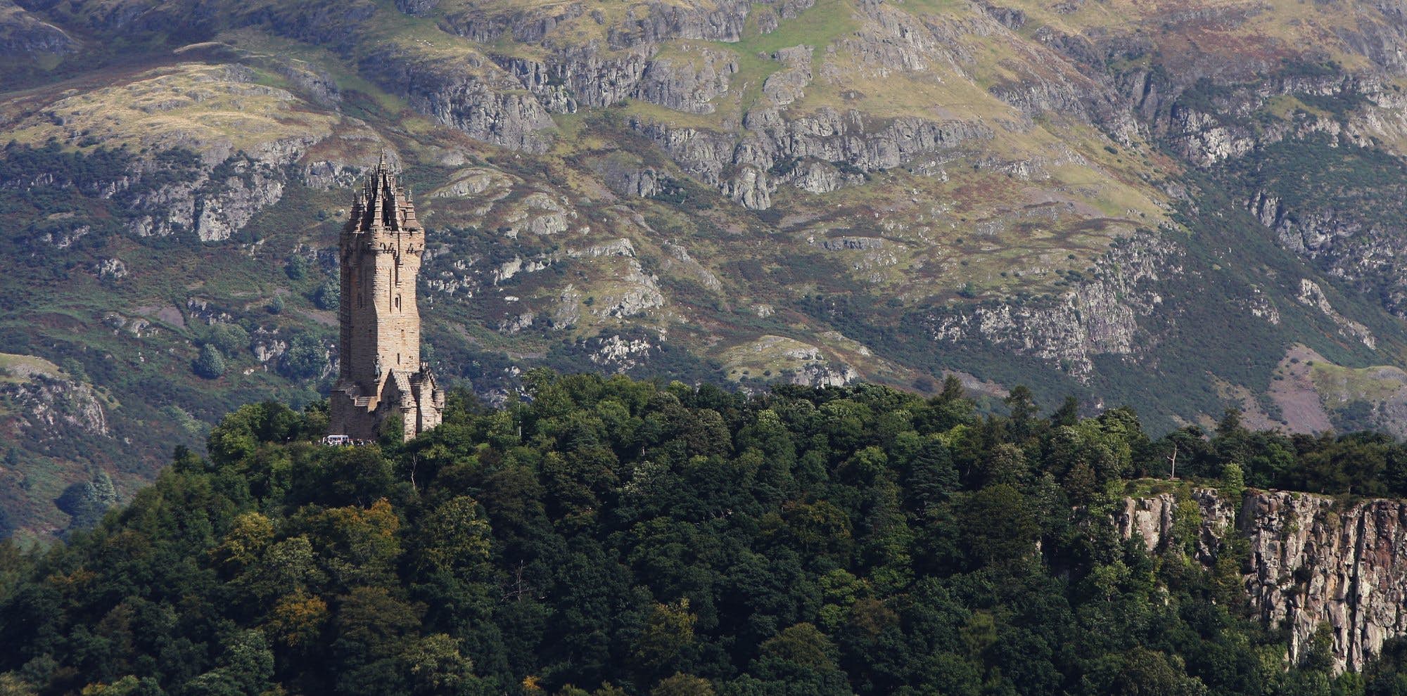 View of the Wallace monument from the castle of Stirling in Scotland.