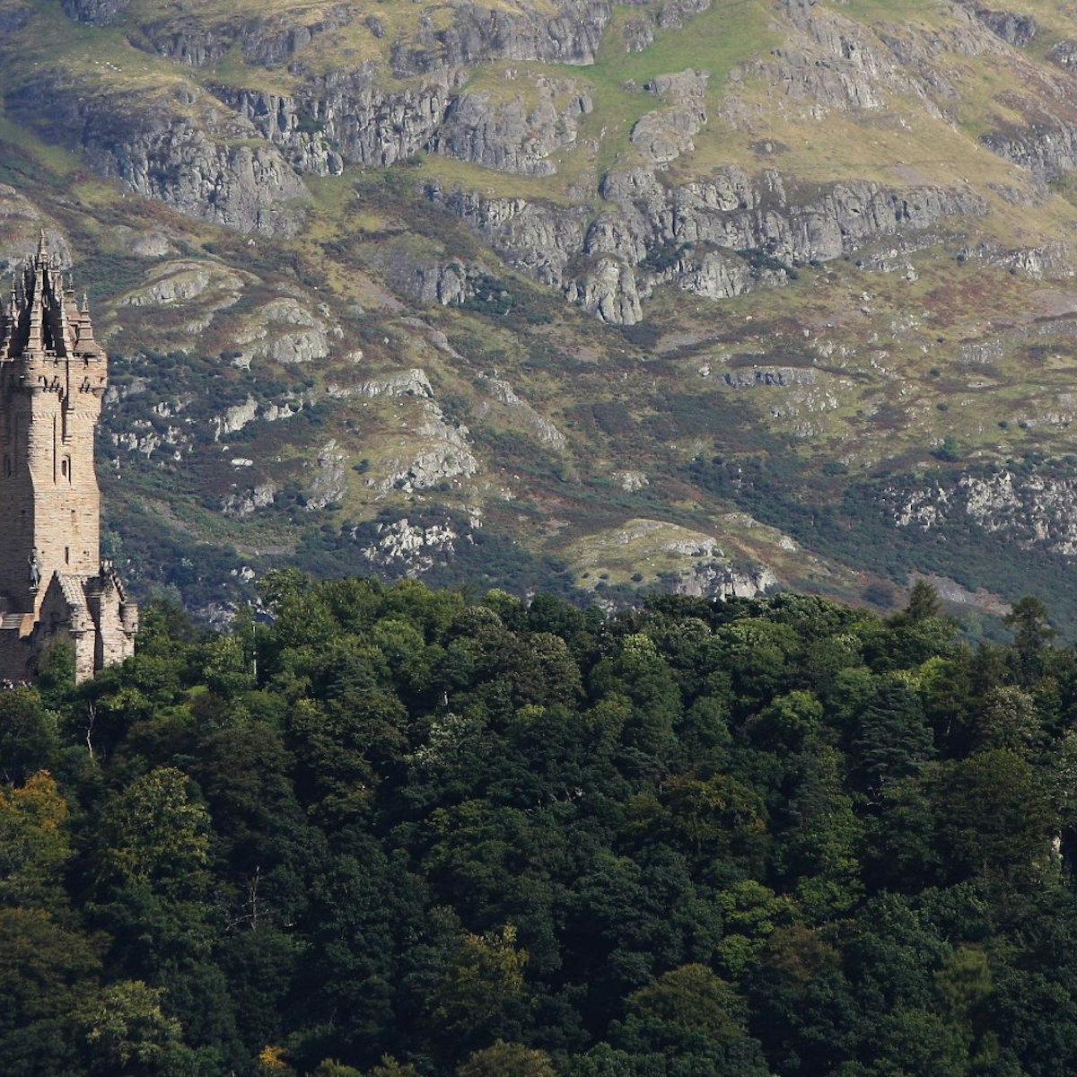 View of the Wallace monument from the castle of Stirling in Scotland.