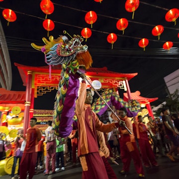 Unidentified peoples played dragon dance for Chinese New Year on February 2015, 20 in Bangkok, Thailand.