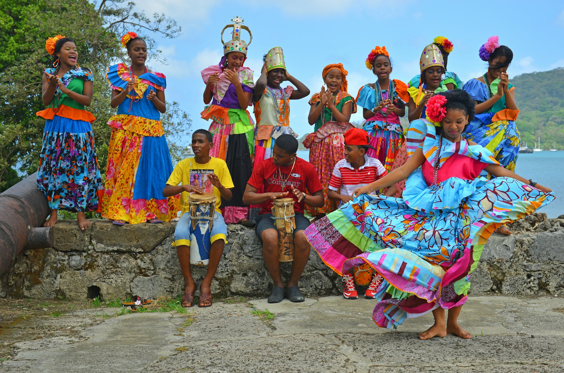 Traditional congo dancers in colorful costumes in Portobello, Panama
